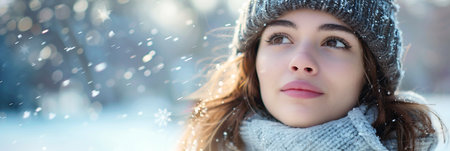 Young woman with brown hair, dressed warmly in a hat and scarf, gazes thoughtfully into the distance while snowflakes gently fall around her, creating a serene winter atmosphereの素材