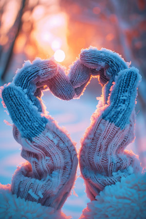 Frosted hands wearing cozy knitted gloves create a heart shape, illuminated by a warm glowing sunset in a winter landscape, showing the beauty of love and warmth in cold weatherの素材
