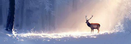 Majestic deer gracefully positioned in a serene snowy forest, illuminated by soft light, creating a tranquil atmosphere with ample copy space for holiday season design projectsの素材