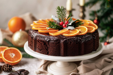 Chocolate cake adorned with vibrant orange slices and fresh greenery, set on a white cake stand, surrounded by holiday decorations, creating a warm and inviting winter celebration atmosphereの素材