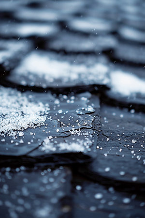 Winter backdrop showcases snow-dusted slate tiles, creating a serene atmosphere with ample copy space for design elements, ideal for holiday season concepts and seasonal promotionsの素材