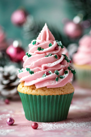 Festive cupcake topped with pink frosting and decorative sprinkles, placed on a soft pink surface with holiday ornaments and pinecones, creating a cheerful Christmas atmosphereの素材