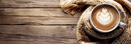Cozy winter flat lay scene showcasing a coffee cup with latte art beside a knitted scarf on rustic wooden background, providing ample copy space for creative design mock-up purposesの素材