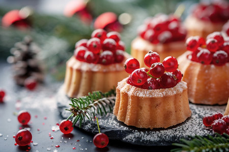 Festive dessert cakes adorned with vibrant red berries are arranged on a dark surface, surrounded by Christmas decorations and greenery, creating a warm and inviting holiday atmosphereの素材