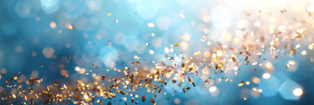 Sparkling golden glitter floats gracefully across a soft blue background, creating a dreamy atmosphere with ample copy space for text or design elements, perfect for winter-themed projectsの素材