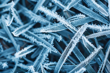Frosted grass blades form a beautiful winter flat lay background, providing ample copy space for design mock-up. The icy texture and cool tones enhance the seasonal concept for creative projectsの素材