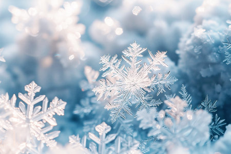 Snowflakes delicately resting on a soft blue winter backdrop create a serene atmosphere, providing ample copy space for holiday season designs and festive messaging in a tranquil settingの素材