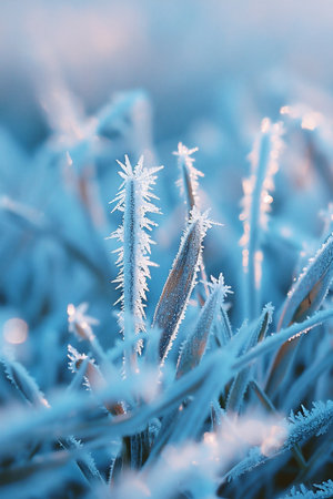Frost-covered grass blades glisten in a tranquil winter backdrop, creating a serene atmosphere with ample copy space for design elements, showing the beauty of the holiday seasonの素材
