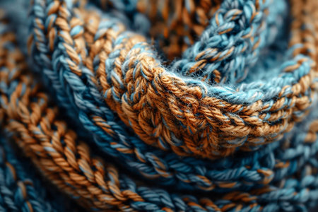 Cozy winter flat lay background featuring a beautifully knitted texture in warm tones, providing ample copy space for Christmas-themed mock-up designs and creative projectsの素材