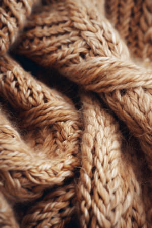 Cozy winter knit texture featuring intertwined yarn strands, creating a warm ambiance, ideal for Christmas-themed mock-ups with ample copy space for design elements and textの素材