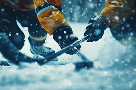 Ice hockey players are engaged in a competitive match on snow-covered ice, demonstrating teamwork and skill while snowflakes fall around them, creating a dynamic and intense atmosphereの素材