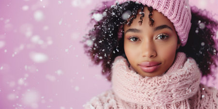 Young woman with curly hair dressed in cozy pink winter attire, surrounded by falling snowflakes, creating a warm and inviting atmosphere for winter season web banner with ample copy spaceの素材
