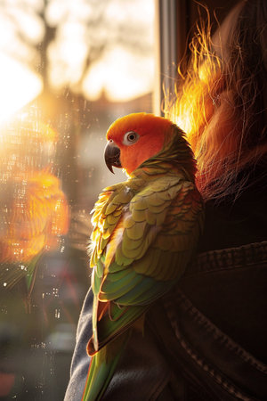 Colorful parrot with vibrant feathers is perched on the shoulder of a person, basking in warm sunlight streaming through the window, creating a cozy and inviting atmosphere in the sceneの素材