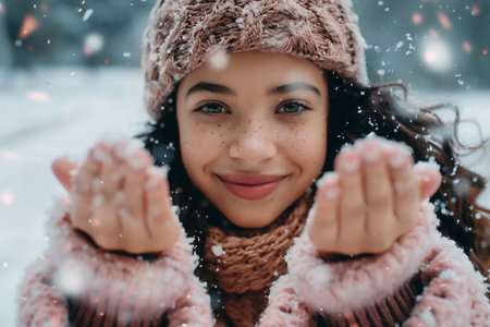 Young girl with curly hair, wearing a cozy knitted hat and scarf, smiles joyfully while catching snowflakes in her hands, surrounded by a serene winter landscape filled with snowの素材