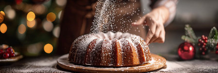Festive winter holiday dessert is being prepared with powdered sugar sprinkled on top, creating a cozy atmosphere with blurred holiday lights in the background, ideal for seasonal design projectsの素材