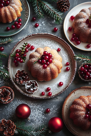 Festive winter holiday desserts arranged beautifully with red berries and pinecones on a textured background, creating a warm and inviting atmosphere perfect for seasonal celebrations with copy spaceの素材