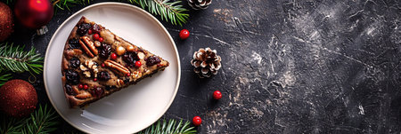 Festive winter holiday dessert slice presented on a white plate, surrounded by pine branches and ornaments, creating a warm atmosphere perfect for seasonal design with ample copy spaceの素材