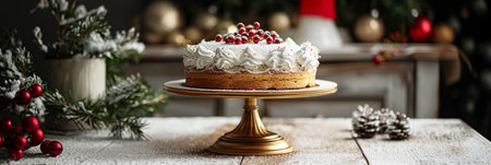 Festive holiday cake elegantly displayed on a golden stand, surrounded by winter decorations, creating a warm ambiance perfect for seasonal celebrations and offering ample copy space for designの素材