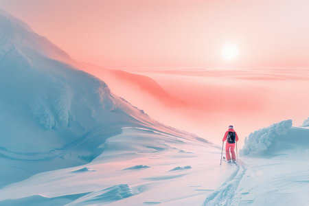Adventurous skier dressed in bright attire is traversing a snowy mountain landscape, surrounded by soft pastel colors of the sunset, creating a serene and tranquil atmosphere in natureの素材