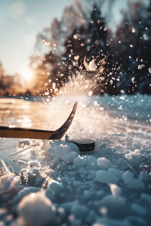 Hockey stick makes contact with puck on a frozen lake, snow flying in the air, illuminated by warm sunlight, creating an energetic atmosphere of winter sports and outdoor funの素材