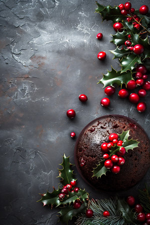 Festive chocolate cake is beautifully decorated with holly leaves and vibrant red berries, set against a dark textured background, creating a warm and inviting atmosphere for the winter holiday seasonの素材