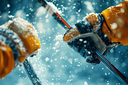 Close-up view of gloved hands holding hockey sticks, surrounded by a snowy winter landscape, with snowflakes gently falling, creating a serene and adventurous atmosphere in the sceneの素材