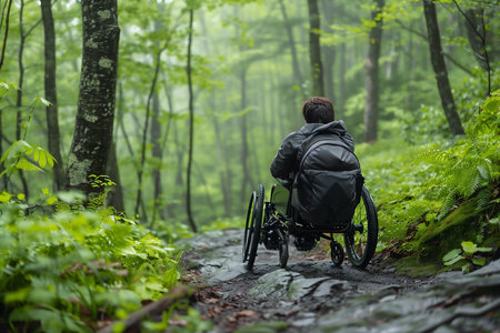 Individual in wheelchair is navigating a rocky forest trail, surrounded by vibrant green foliage and tall trees, showcasing determination and the beauty of nature in an accessible outdoor settingの素材