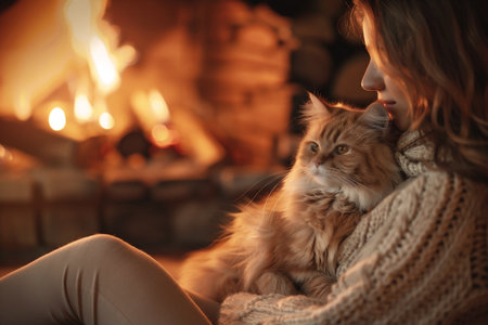 Woman with long hair is gently holding a fluffy orange cat while sitting by a cozy fireplace, creating a warm and inviting atmosphere perfect for relaxation and companionshipの素材