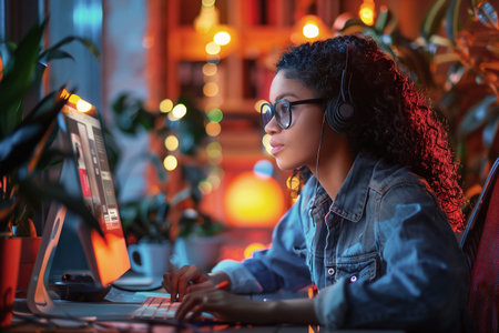 African American woman wearing headphones is focused on her computer in a cozy home office, surrounded by plants and warm ambient lighting, creating a productive and inviting workspaceの素材