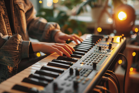 Musician with hands on synthesizer keyboard, creating melodies in a cozy environment filled with warm lighting and soft bokeh effects, enhancing the creative musical experienceの素材