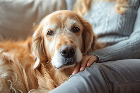Golden retriever dog with soft fur is resting comfortably beside a person on a cozy couch, creating a warm and inviting atmosphere in a living room, showcasing companionship and relaxationの素材