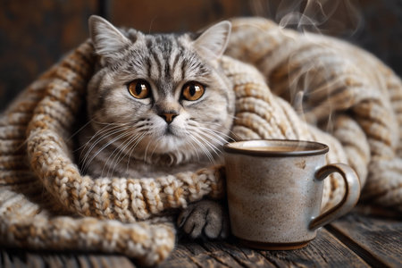 A cozy gray cat with striking eyes is nestled in a soft knitted blanket, resting beside a steaming cup on a rustic wooden table, creating a warm and inviting atmosphere for relaxationの素材