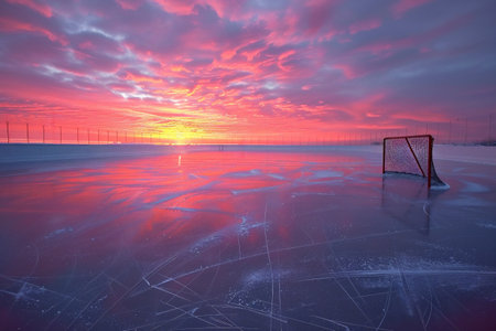 Ice rink reflecting vibrant sunset colors, featuring a lone hockey goal in the foreground, creating a tranquil winter atmosphere with beautiful clouds and a smooth icy surfaceの素材