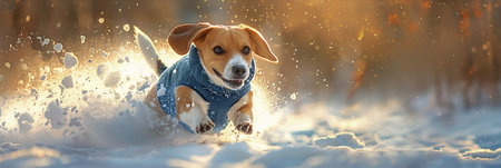 Playful beagle dog in a cozy blue sweater is running energetically through a snowy landscape, kicking up snowflakes and enjoying the winter atmosphere, showing the joy of outdoor playの素材