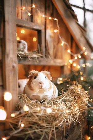 Guinea pig comfortably nestled in straw inside a rustic wooden house, surrounded by soft glowing holiday lights, creating a warm and inviting atmosphere for festive momentsの素材