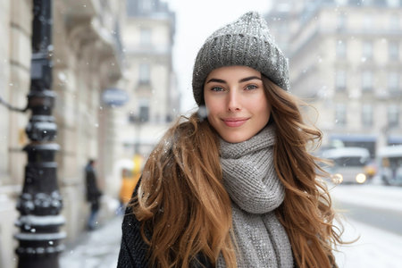 Beautiful woman with long brown hair, wearing a cozy knitted hat and scarf, smiles warmly in a snowy urban environment, showcasing winter fashion and a cheerful atmosphereの素材