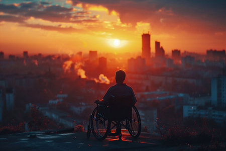 Young man in wheelchair sits peacefully, gazing at a vibrant sunset illuminating the city skyline, symbolizing hope and inclusivity for disabled individuals in urban environmentsの素材