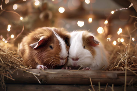 Two charming guinea pigs, one brown and one white, are cuddled closely on a soft bed of hay, surrounded by twinkling fairy lights, creating a cozy and heartwarming atmosphereの素材