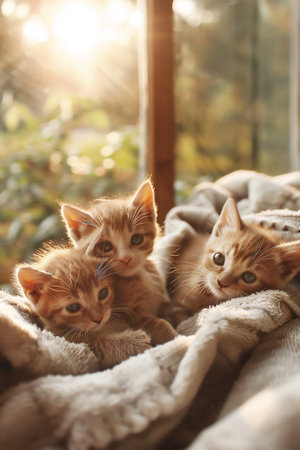 Three adorable orange kittens are snuggling together on a cozy blanket, basking in warm sunlight that filters through a window, creating a serene and heartwarming atmosphereの素材