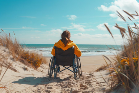 Woman in wheelchair wearing bright yellow jacket is gazing at the tranquil beach, surrounded by soft sand dunes and tall grass, creating a peaceful atmosphere by the oceanの素材