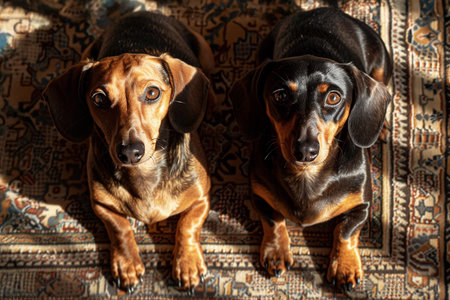 Two dachshund dogs, one brown and one black, are sitting side by side on a decorative rug, illuminated by warm sunlight, showing their playful expressions and unique featuresの素材