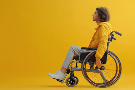 Young woman in a wheelchair, dressed in a bright yellow jacket, is positioned against a vivid yellow backdrop, showing a sense of empowerment and individuality in a modern settingの素材