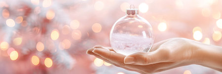 A hand gently cradles a delicate glass Christmas ornament, surrounded by soft bokeh lights, creating a warm ambiance perfect for winter holiday season web banners with ample copy spaceの素材