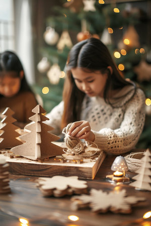 Young girl is focused on crafting holiday decorations using wooden trees and twine, surrounded by warm lights and festive elements, creating a joyful atmosphere for the holiday seasonの素材