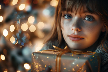 Young girl with sparkling blue eyes holds a beautifully wrapped gift box, surrounded by warming lights of a Christmas tree, evoking a joyful and festive holiday atmosphereの素材