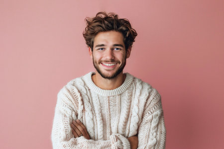 Young man with curly hair dressed in a warm, knitted sweater is smiling confidently with arms crossed, set against a soft pink background, creating a cheerful and inviting atmosphereの素材