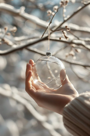 A hand gently holds a clear glass ornament, reflecting soft light, surrounded by delicate branches and a snowy backdrop, creating a serene winter atmosphere and holiday spiritの素材