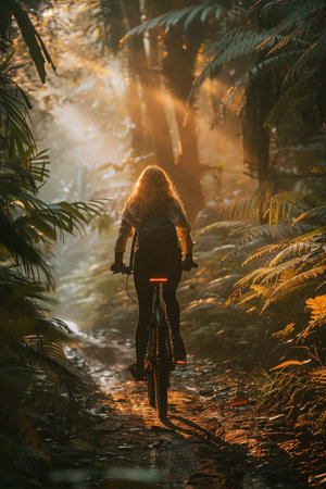 Woman riding a mountain bike along a narrow forest trail, surrounded by vibrant greenery and soft sunlight filtering through the trees, creating a serene and adventurous atmosphereの素材