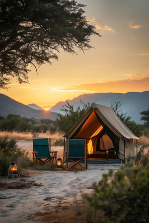 Cozy camping tent illuminated by warm light, surrounded by chairs and lanterns, set against a stunning sunset backdrop with mountains and lush greenery, creating a peaceful outdoor atmosphereの素材
