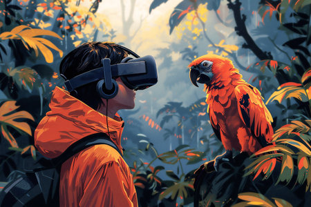 Young individual in bright orange jacket engages with a colorful parrot while wearing a virtual reality headset, surrounded by dense foliage and tropical plants, creating an immersive experienceの素材